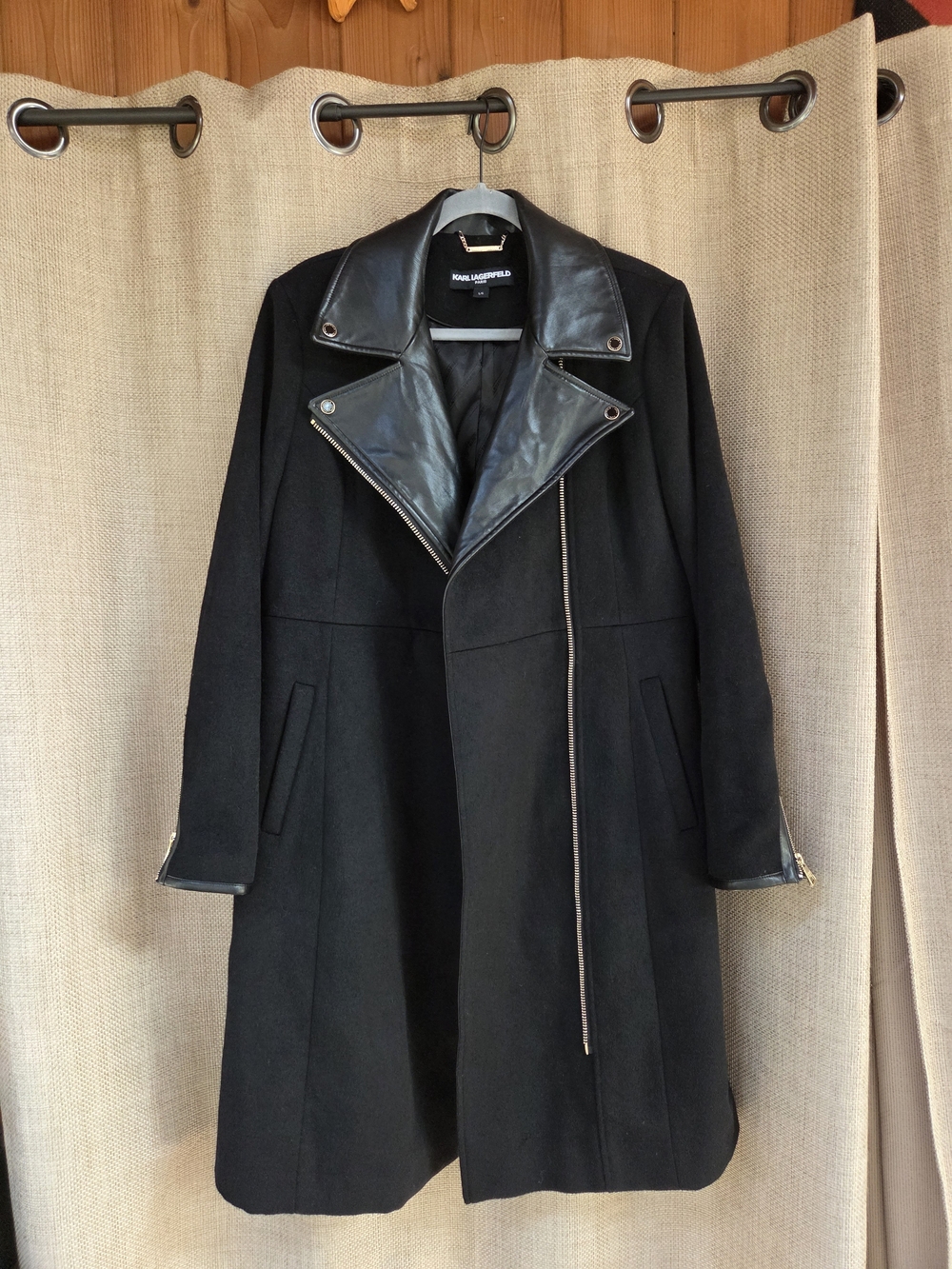 Karl Lagerfeld Black Faux-Leather Collar Coat with Gold Chain Detail